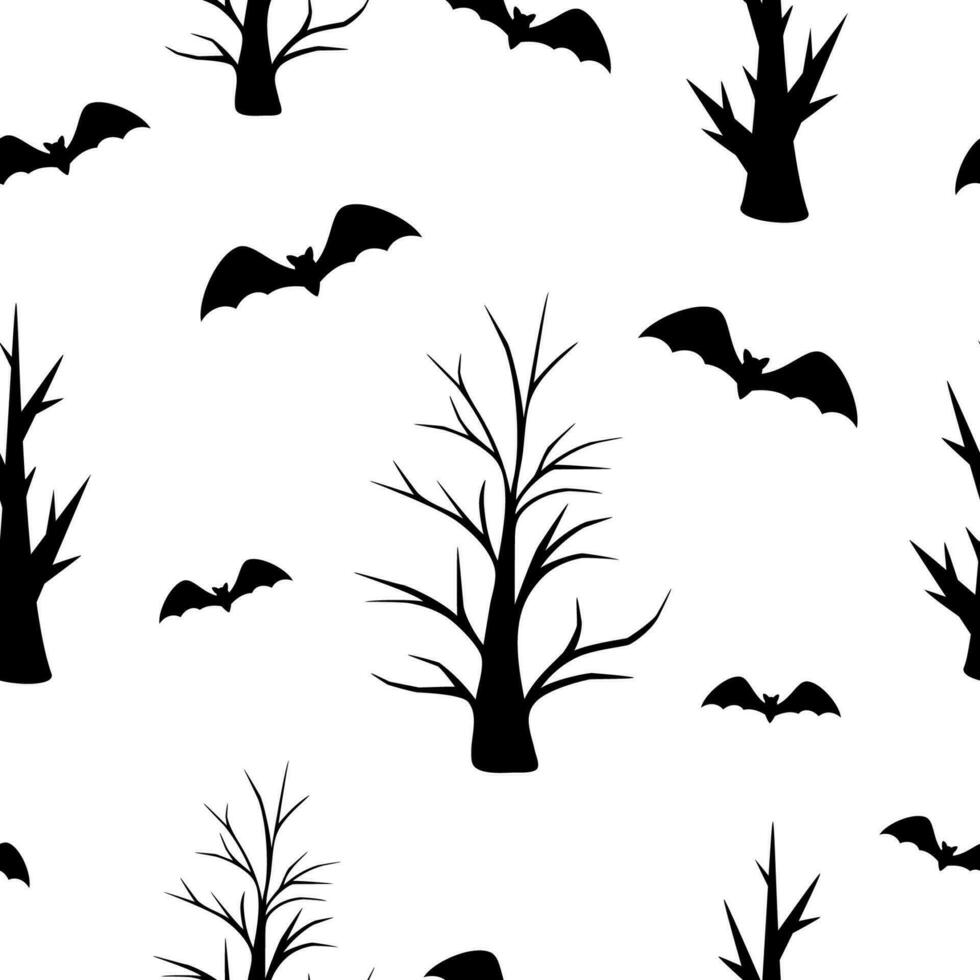 Halloween sans couture modèle avec arbre, chauve souris. vecteur illustration.