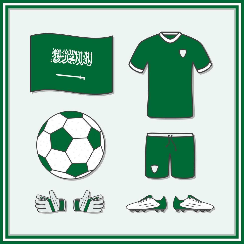 saoudien Saoudite Football dessin animé vecteur illustration. Football Jersey et Football Balle plat icône contour