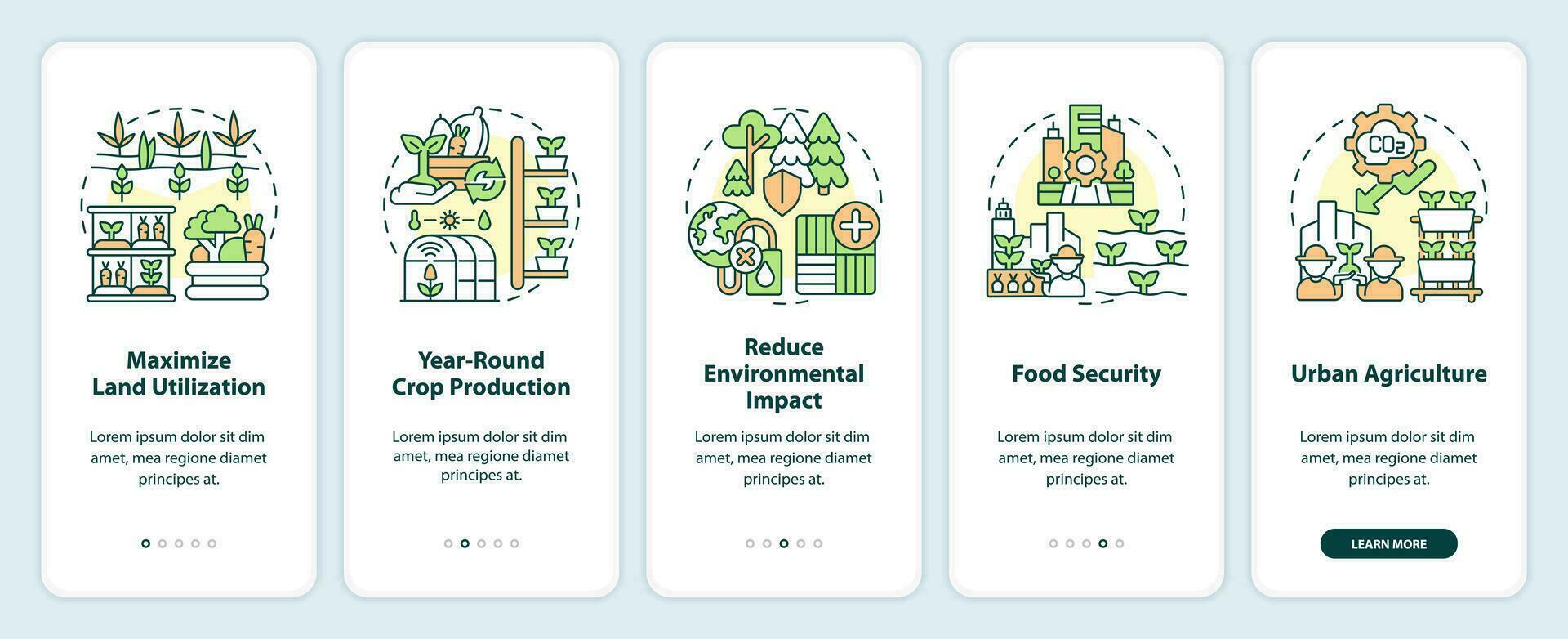 mince ligne Icônes représentant verticale agriculture et hydroponique mobile app écran ensemble. 5 pas graphique instructions, interface utilisateur, ux, gui modèle. vecteur