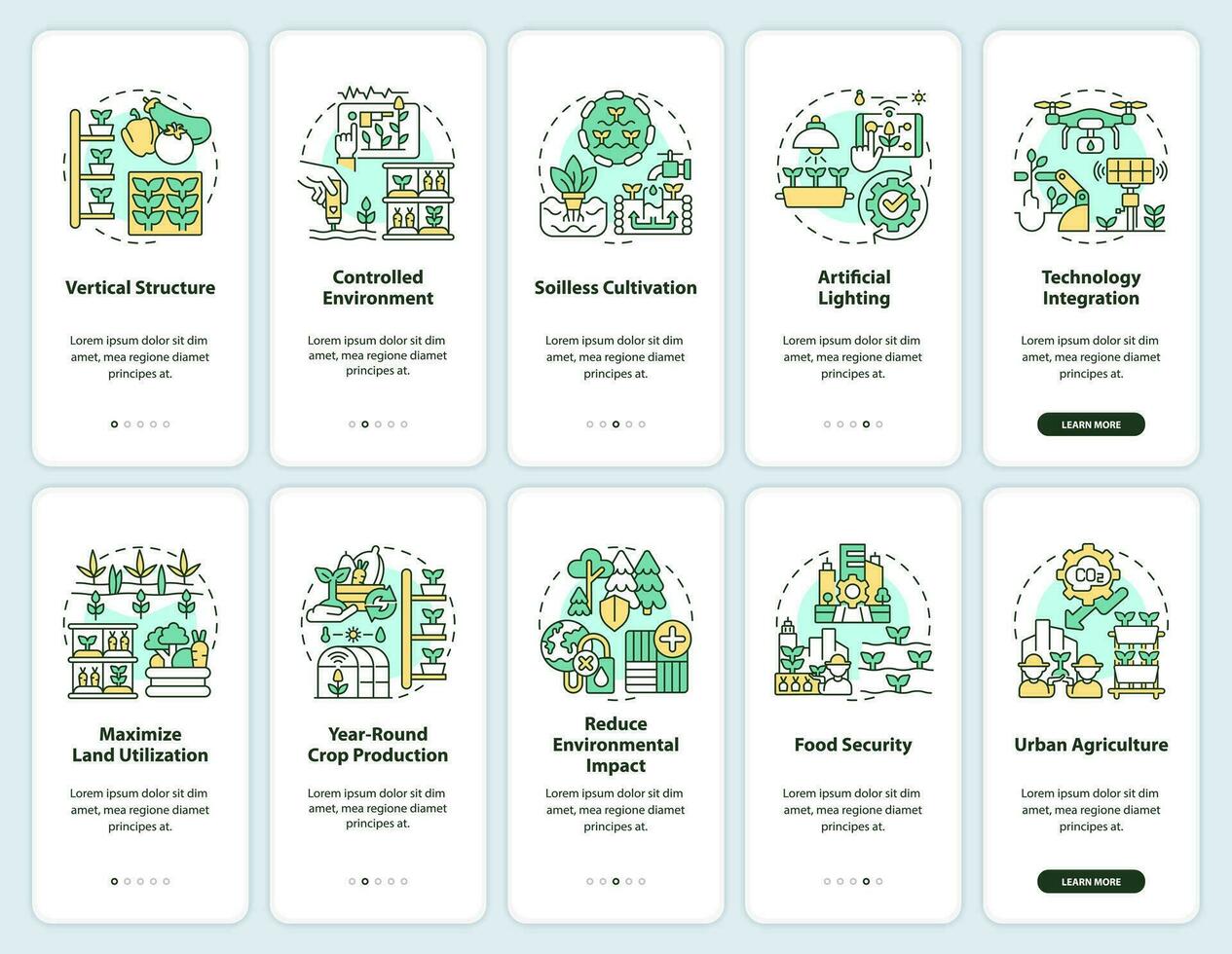 2d Icônes représentant verticale agriculture et hydroponique mobile app écran ensemble. procédure pas à pas 5 pas coloré graphique instructions avec linéaire notions, interface utilisateur, ux, gui modèle. vecteur