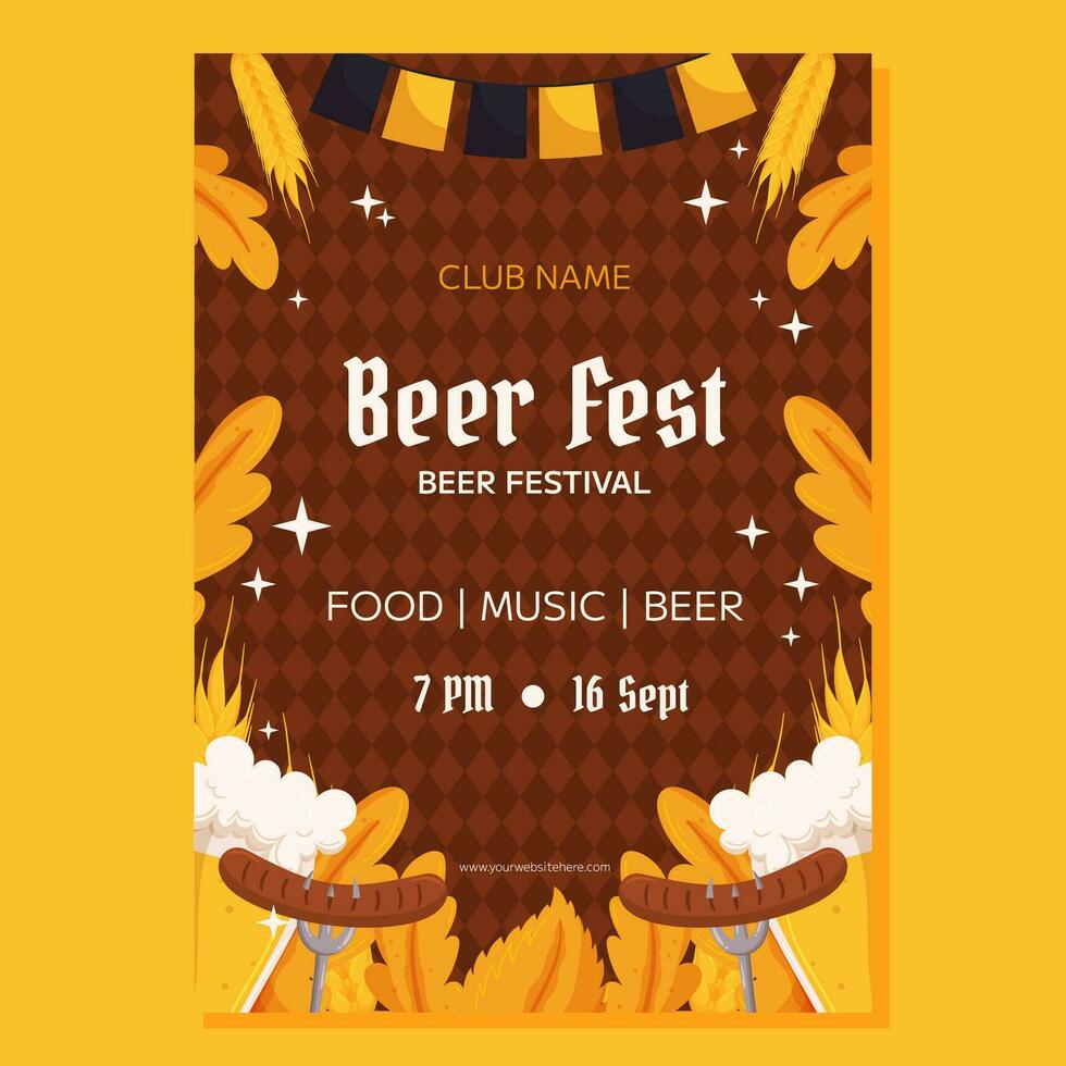 Bière Festival affiche modèle. conception avec verre de bière, fourches avec grillé saucisse, blé et feuilles, noir et Jaune guirlande. rhombe modèle sur retour vecteur