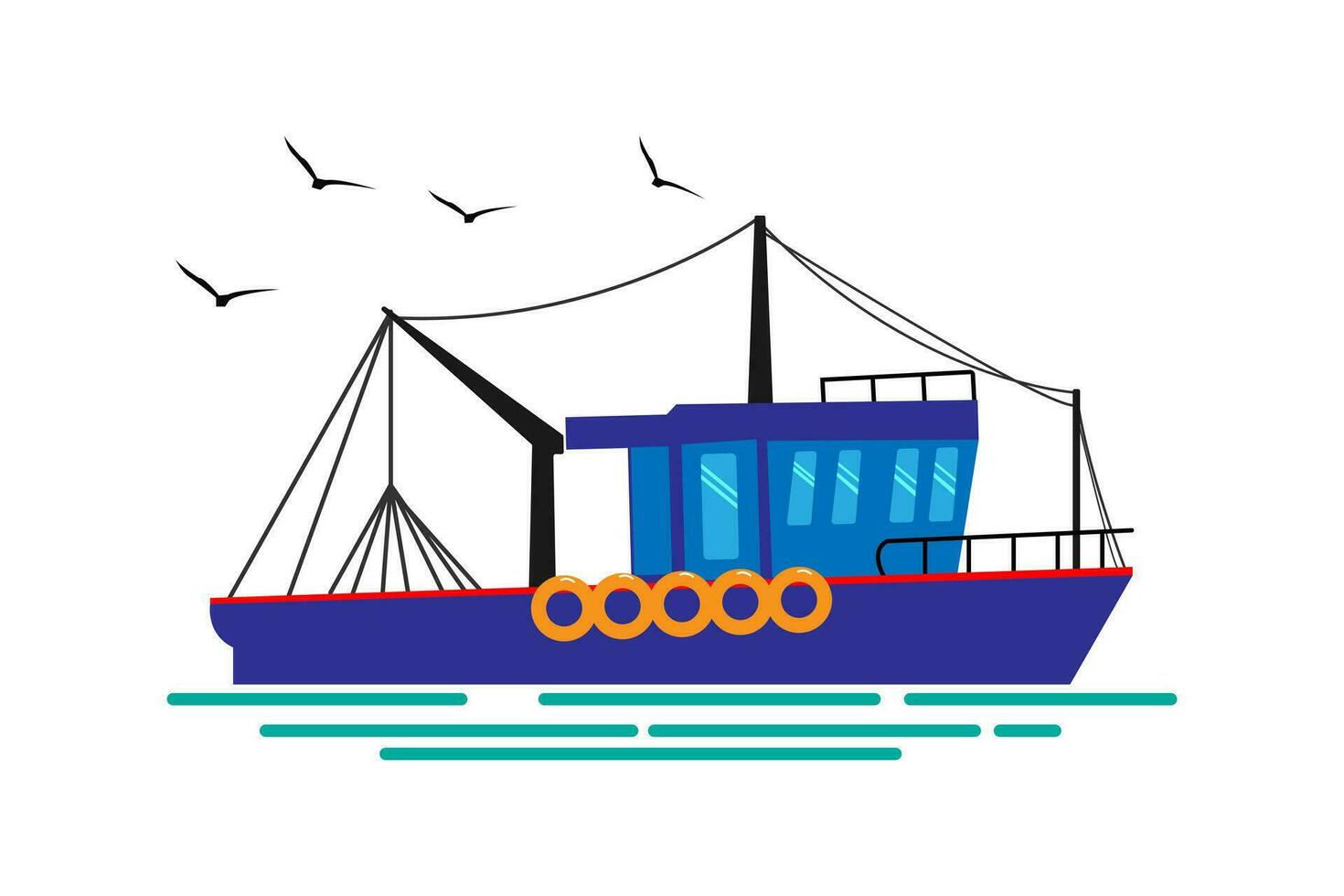 pêche bateau, mouettes vecteur illustration. dessin animé style.