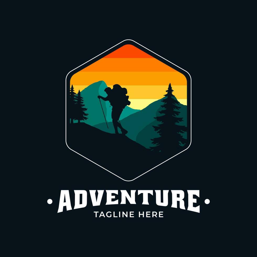 ancien moderne aventure logo avec vue de gens escalade montagnes, rivière et pin des arbres. adapté pour logos de aventuriers, la nature les amoureux, les alpinistes, marques, et autres. vecteur