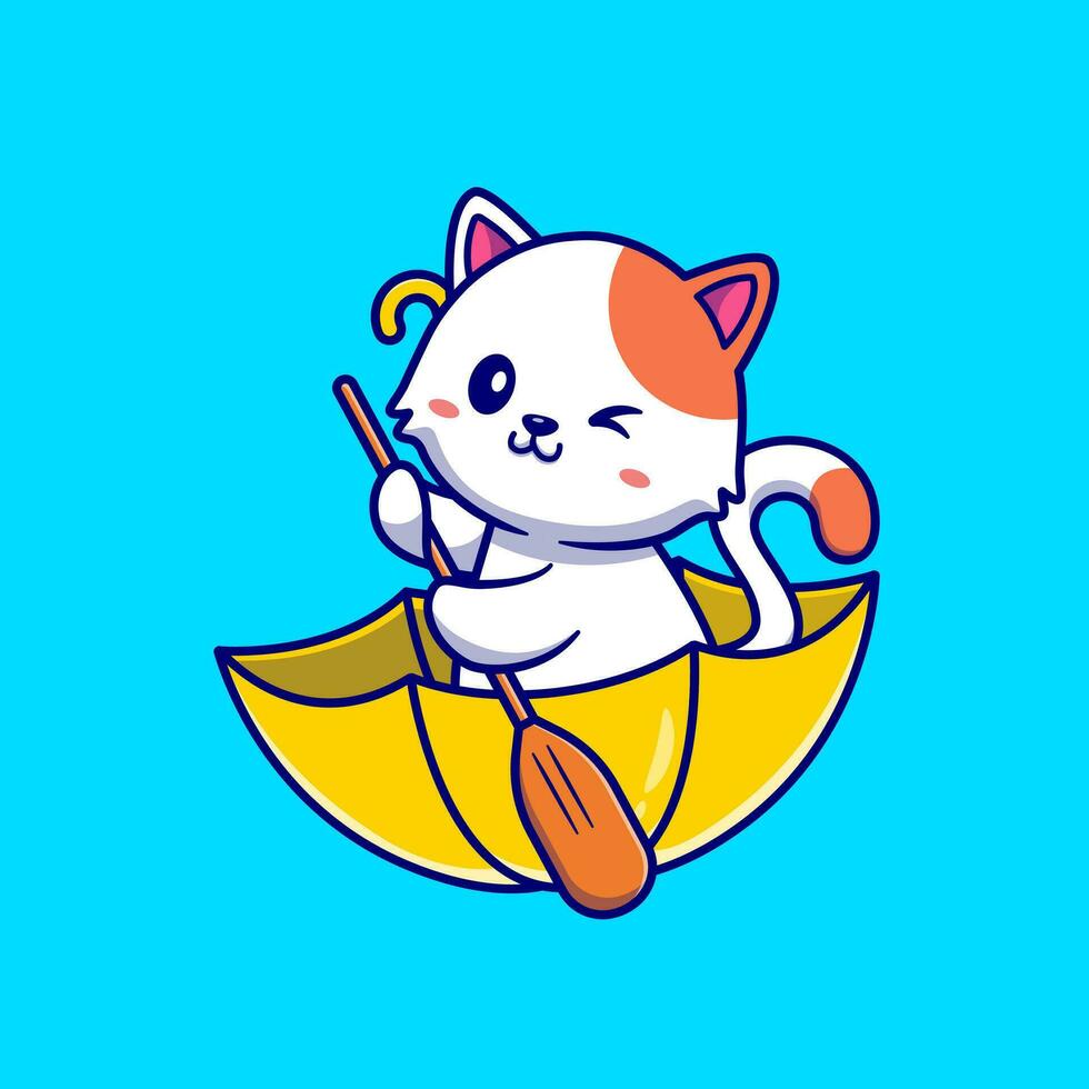 mignonne chat aviron avec parapluie bateau dessin animé vecteur icône illustration. animal vacances icône concept isolé prime vecteur. plat dessin animé style