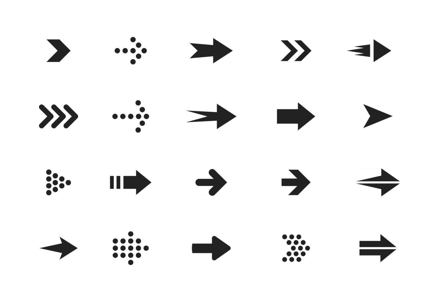 flèches ensemble d'icônes vectorielles en noir et blanc. pointeurs dans le pack de symboles isolés cercle et rectangle. ensemble de signes monochromes boutons suivant, avant, précédent. collection de pictogrammes de curseurs. vecteur