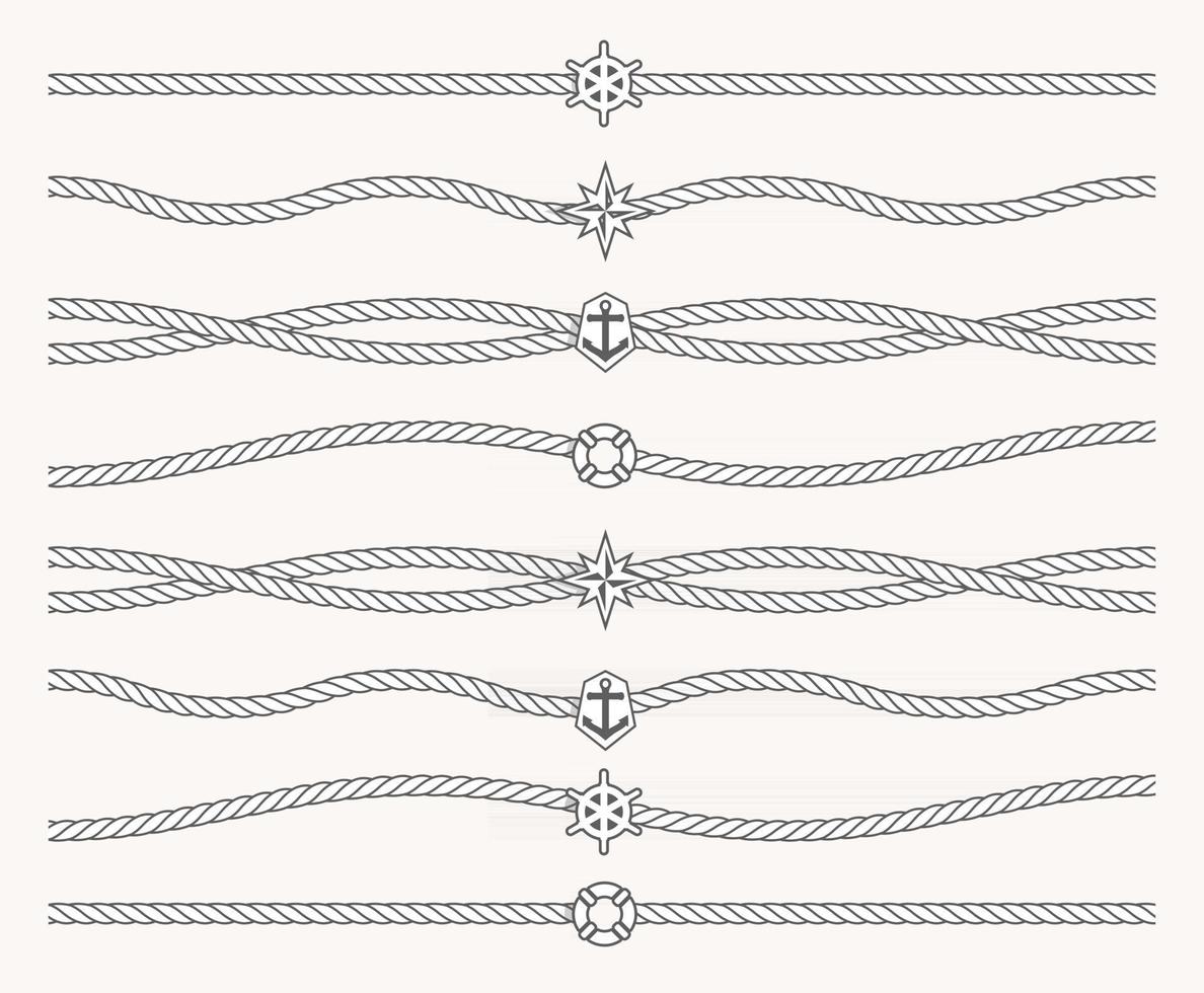 ensemble de corde nautique avec symboles marins au centre de la ligne. ligne de bordure, soulignement, ligne pour le cadre. motif marin sans couture. vecteur