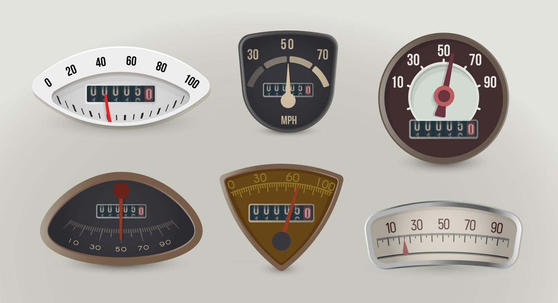 compteurs de vitesse, jauges de vitesse ensemble d'illustrations vectorielles réalistes. véhicules rétro ronds, indicateurs triangulaires avec compteurs kilométriques. équipement de tableau de bord automobile vintage isolé, appareil de mesure mph vecteur