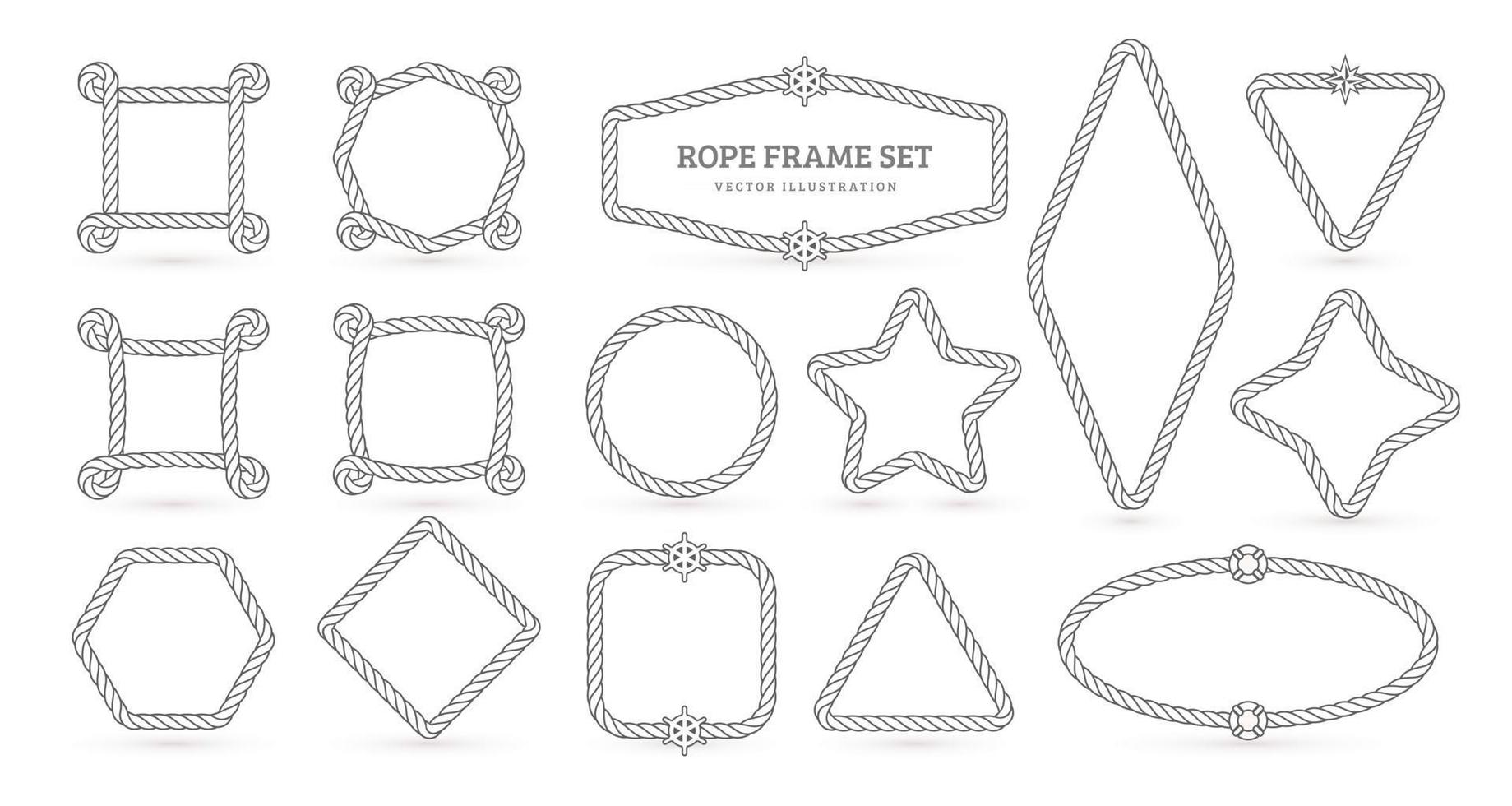 ensemble de bordures de contour créatif vecteur cordes nautiques. pack isolé de cadres de contour vides marins. carré de ligne mince, cercle, formes d'étoiles avec collection d'illustrations lineart de fils de torsion