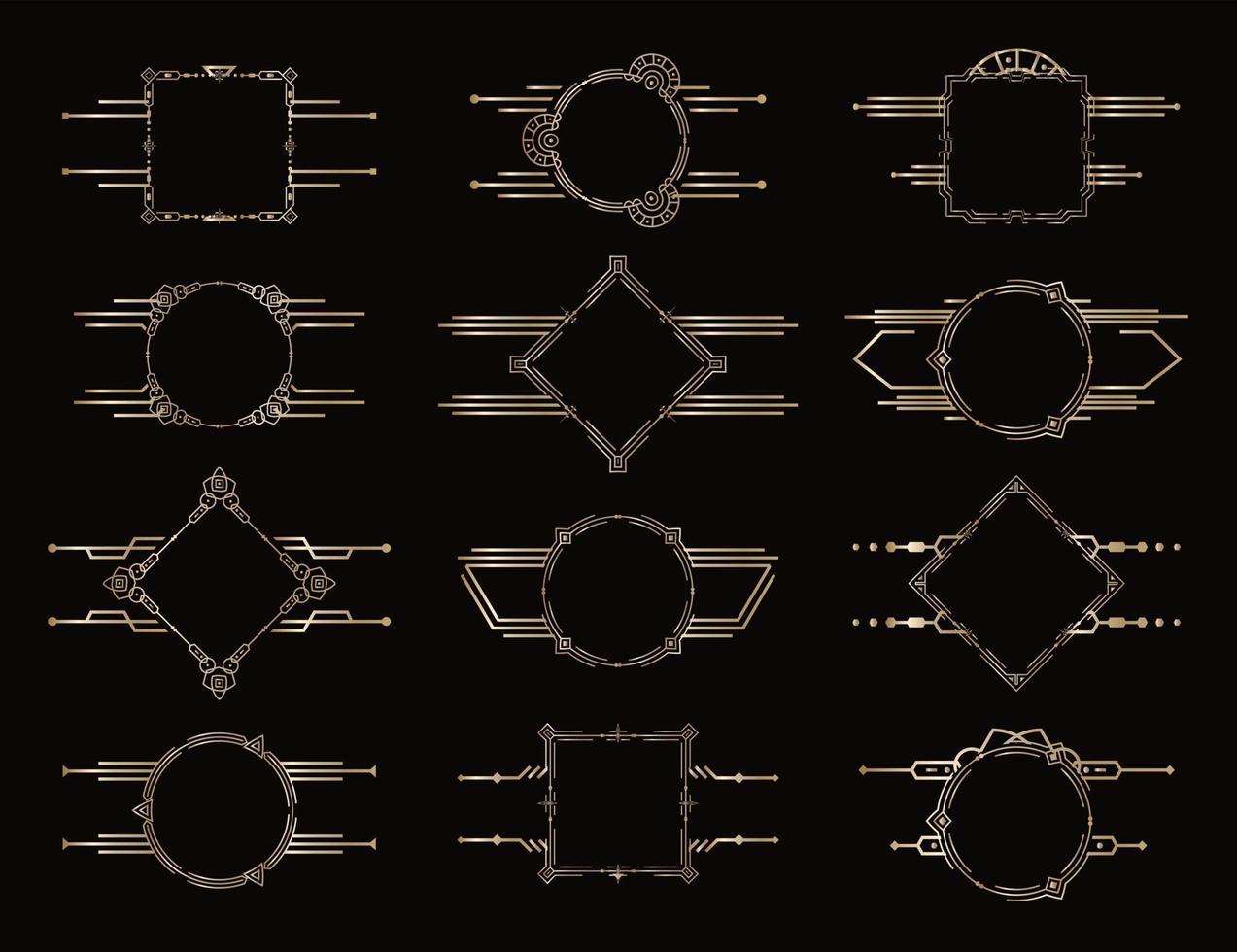 ensemble de cadres. bordures vectorielles géométriques dorées. éléments de décor antique vintage. élément de motif décoratif. ensemble de cadre élégant. vecteur