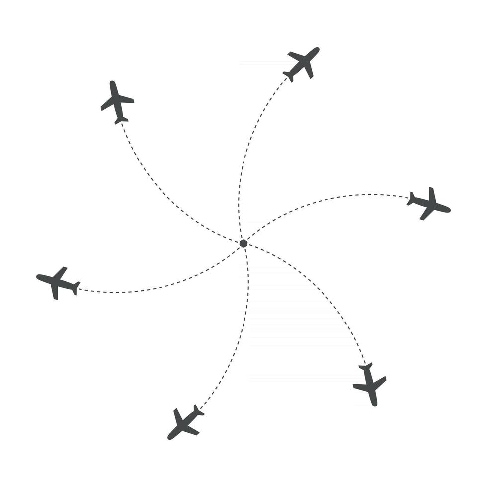 avions volant avec trace dans différentes directions dans un cercle à partir d'un point. carte abstraite de l'aéroport. icône de départ. illustration vectorielle de silhouette noire plate sur fond blanc. vecteur