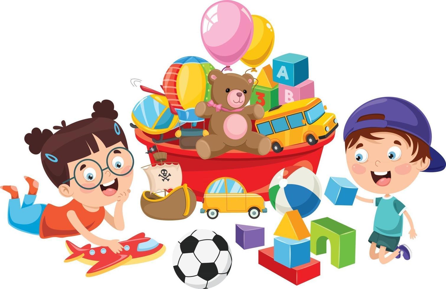 enfants jouant avec divers jouets vecteur