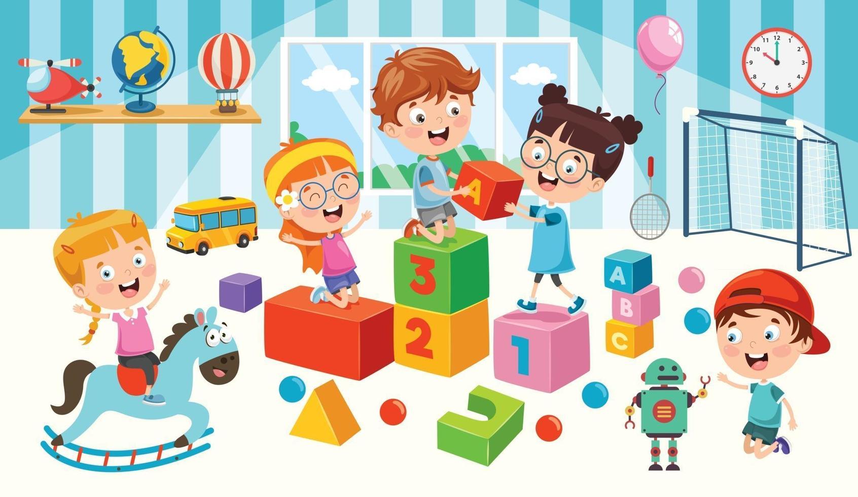 enfants jouant avec divers jouets vecteur
