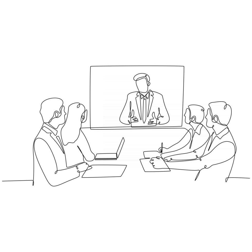 dessin au trait continu d'un groupe d'hommes d'affaires discutant dans une salle de conférence. l'équipe commerciale créative réfléchit à un nouveau projet en regardant la vidéo d'illustration vectorielle du webinaire vecteur