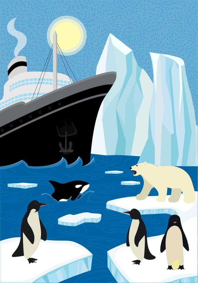 affiche d'hiver dessinée à la main dans le nord de la faune. voile brise-glace et iceberg dans le nord de l'océan. ours polaire et pingouins assis sur la banquise, épaulard émergent de la vague. eps arctique et antarctique vecteur