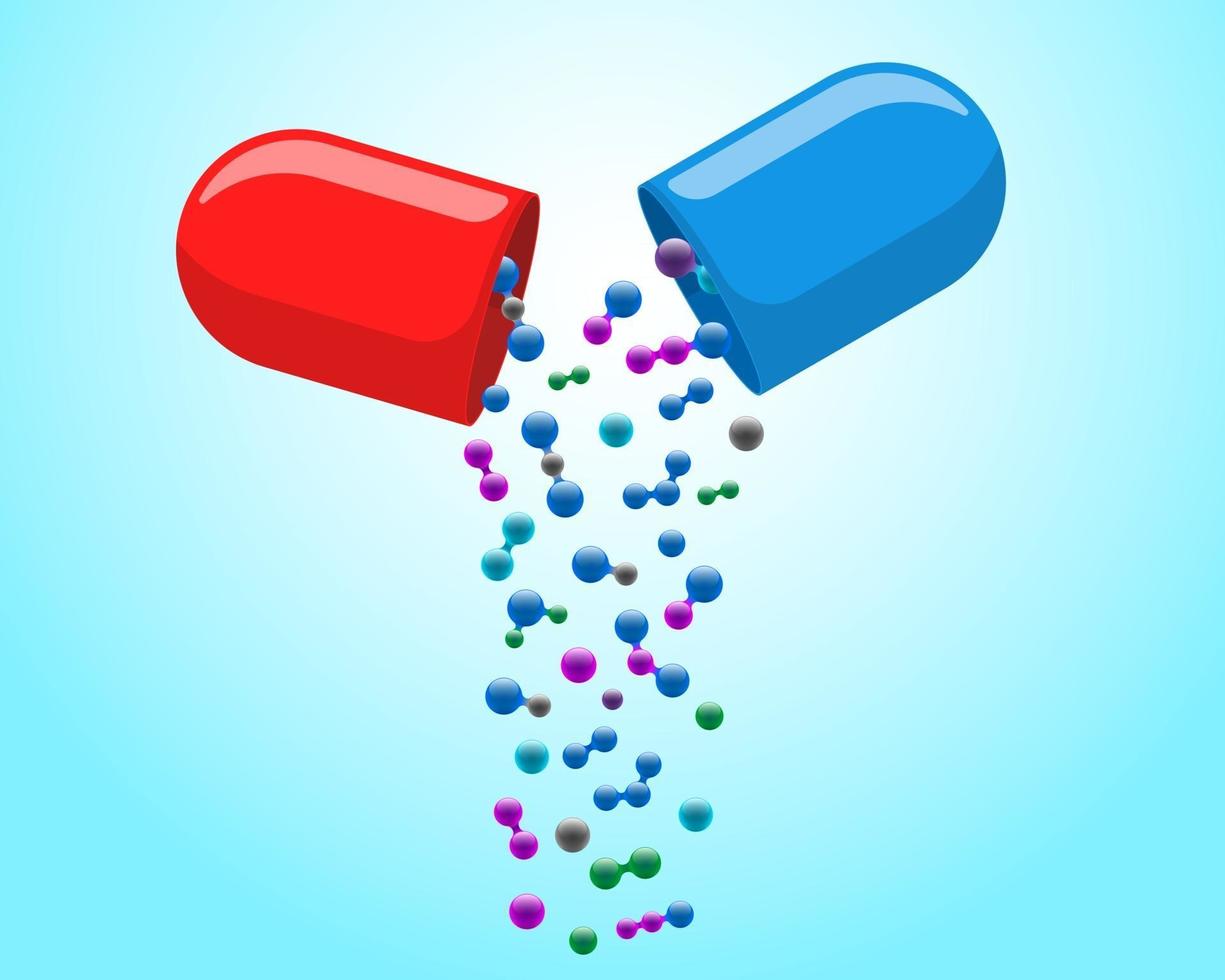 pilule de capsule médicale ouverte avec des molécules colorées qui tombent. La vitamine médicamenteuse améliore le concept de santé. moitiés d'antibiotiques pharmaceutiques rouges et bleus avec des particules vector illustration eps