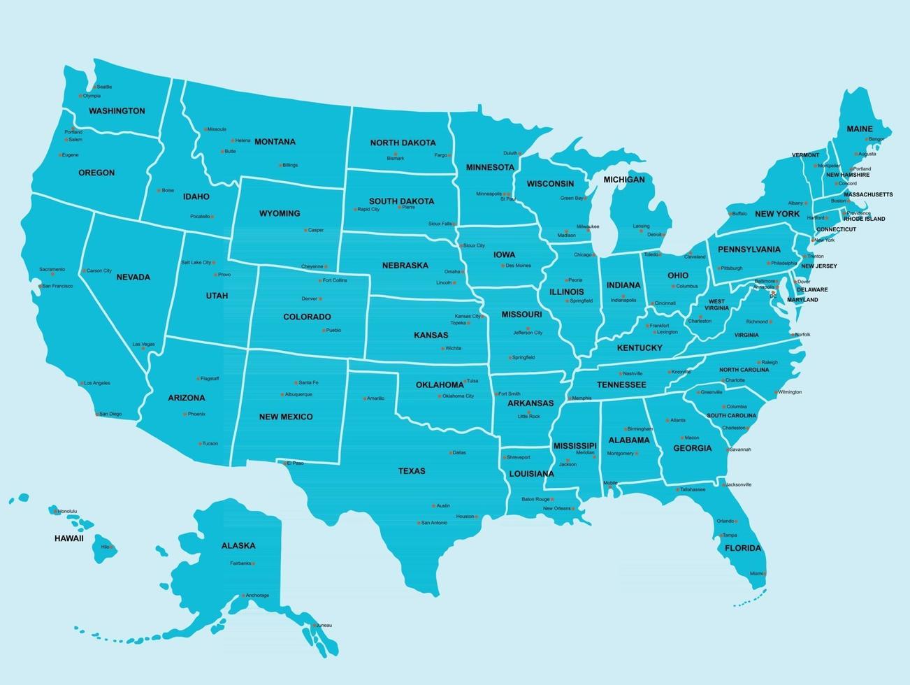 doodle dessin à main levée carte politique des états-unis avec les grandes villes. illustration vectorielle. vecteur