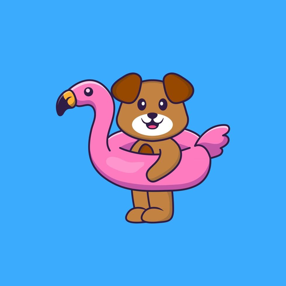 chien mignon avec bouée flamant rose. concept de dessin animé animal isolé. peut être utilisé pour un t-shirt, une carte de voeux, une carte d'invitation ou une mascotte. style cartoon plat vecteur