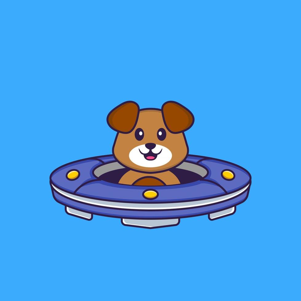 chien mignon conduisant un vaisseau spatial ufo. concept de dessin animé animal isolé. peut être utilisé pour un t-shirt, une carte de voeux, une carte d'invitation ou une mascotte. style cartoon plat vecteur