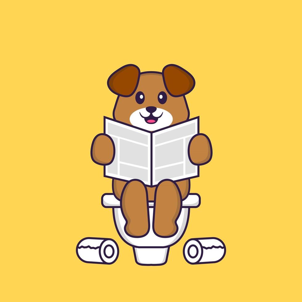 chien mignon caca sur les toilettes et lire le journal. concept de dessin animé animal isolé. peut être utilisé pour un t-shirt, une carte de voeux, une carte d'invitation ou une mascotte. style cartoon plat vecteur