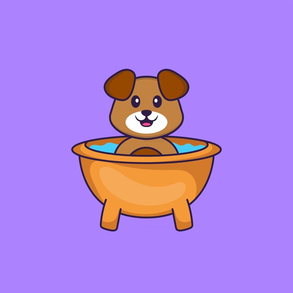 chien mignon prenant un bain dans la baignoire. concept de dessin animé animal isolé. peut être utilisé pour un t-shirt, une carte de voeux, une carte d'invitation ou une mascotte. style cartoon plat vecteur