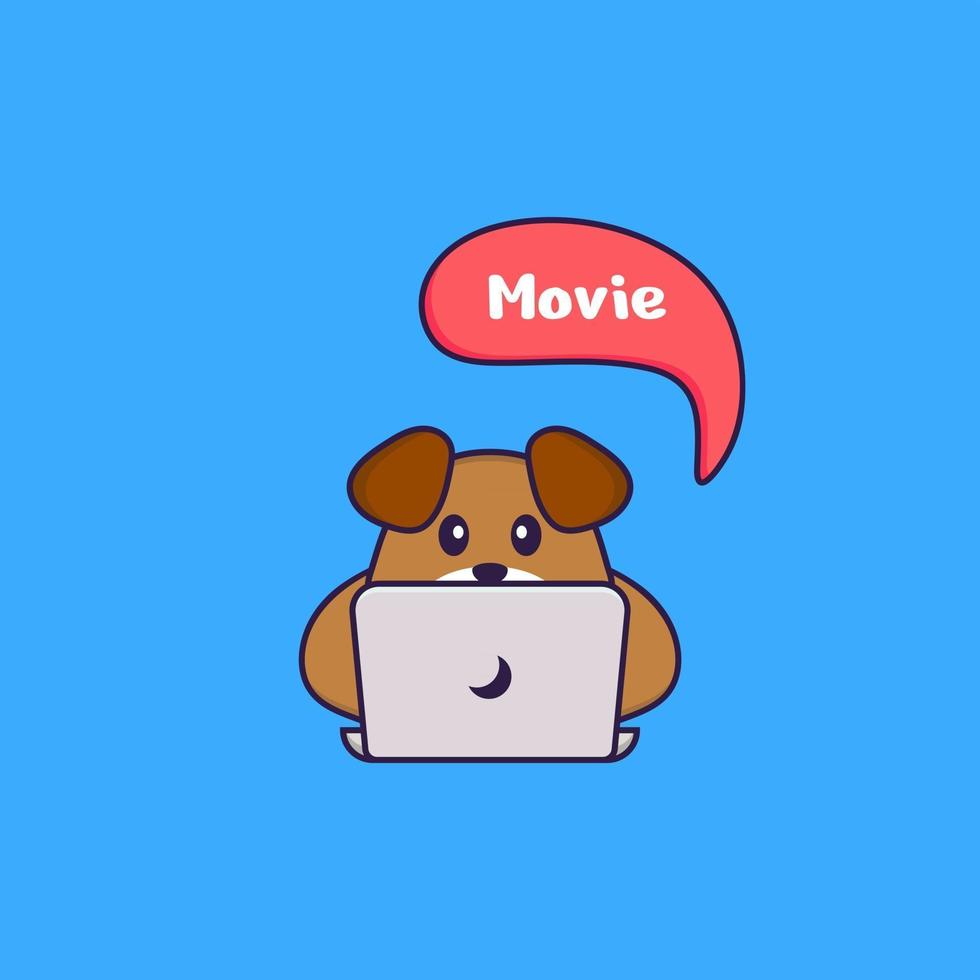 chien mignon regarde un film. concept de dessin animé animal isolé. peut être utilisé pour un t-shirt, une carte de voeux, une carte d'invitation ou une mascotte. style cartoon plat vecteur