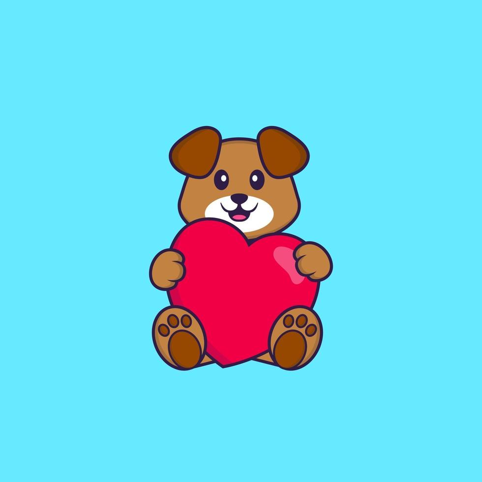 chien mignon tenant un gros coeur rouge. concept de dessin animé animal isolé. peut être utilisé pour un t-shirt, une carte de voeux, une carte d'invitation ou une mascotte. style cartoon plat vecteur