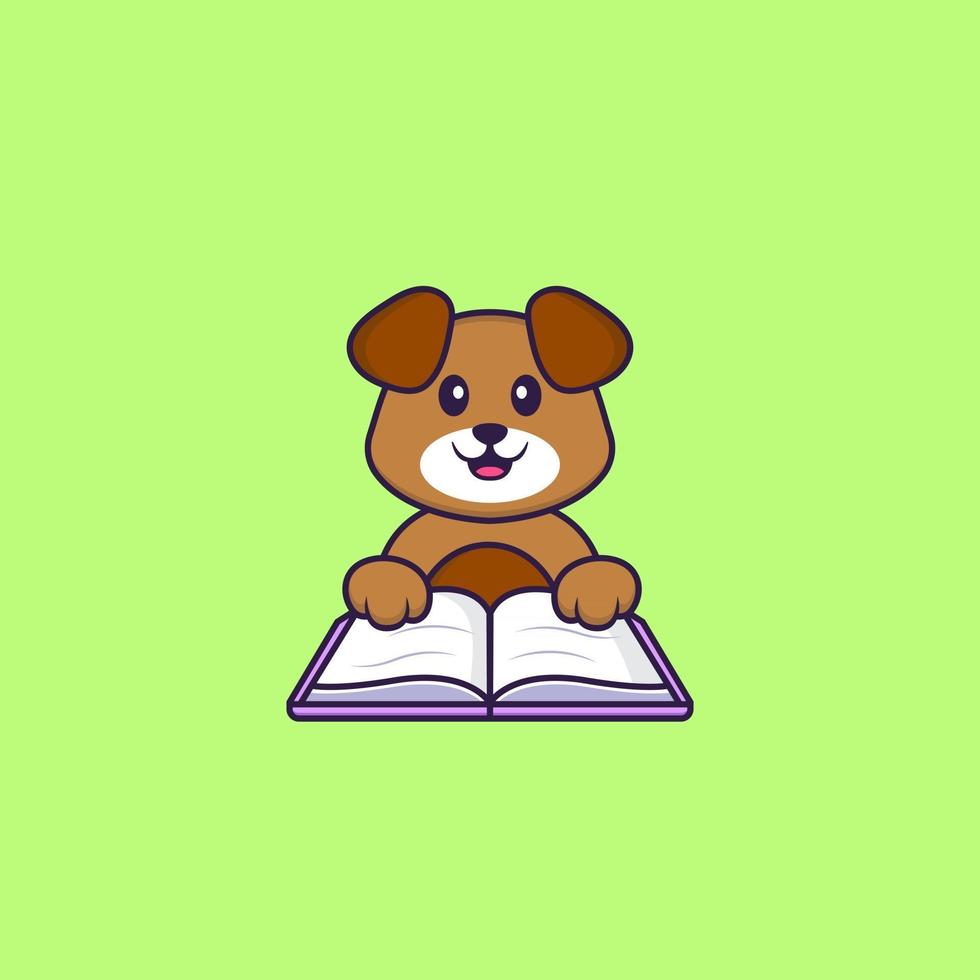 chien mignon lisant un livre. concept de dessin animé animal isolé. peut être utilisé pour un t-shirt, une carte de voeux, une carte d'invitation ou une mascotte. style cartoon plat vecteur