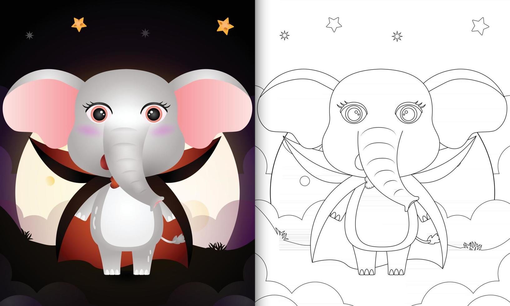 livre de coloriage avec un éléphant mignon utilisant le costume dracula halloween vecteur