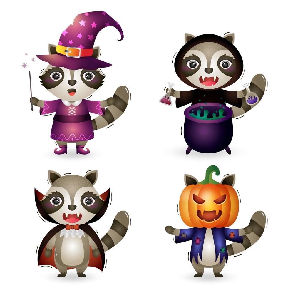 bonjour les ratons laveurs mignons avec la collection de personnages d'halloween en costume vecteur