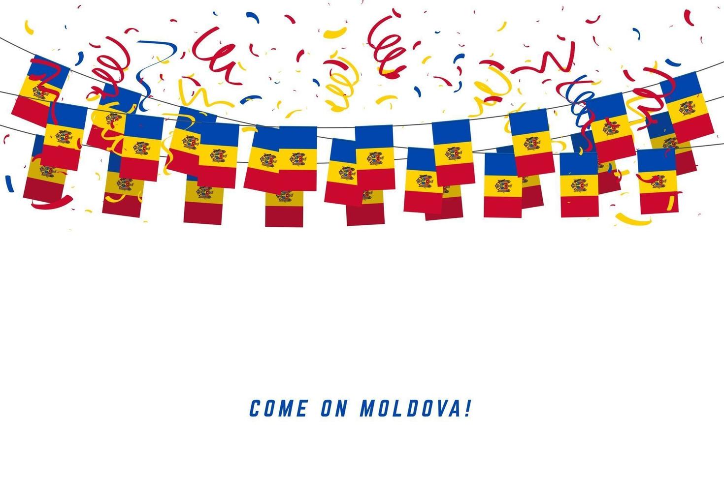 drapeau de la Moldavie avec des confettis sur fond blanc, accrocher des banderoles pour la bannière du modèle de célébration de la Moldavie. vecteur