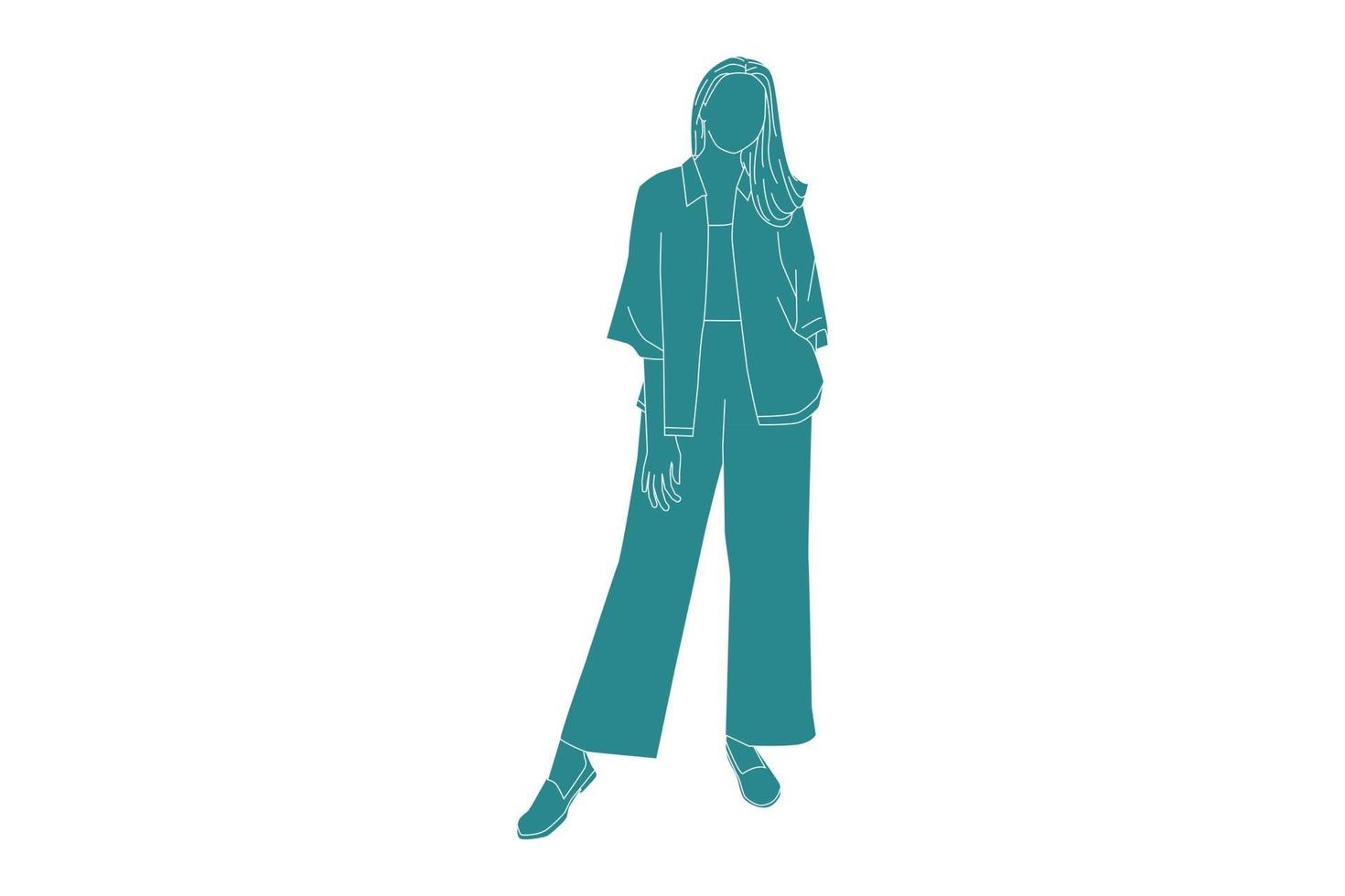 illustration vectorielle de femme à la mode posant sur le côté, style plat avec contour vecteur