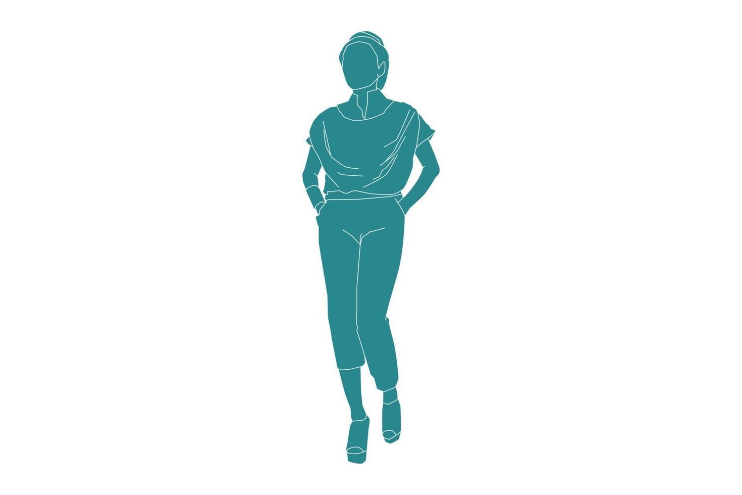 Vector illustration of casual woman walking, style plat avec contour