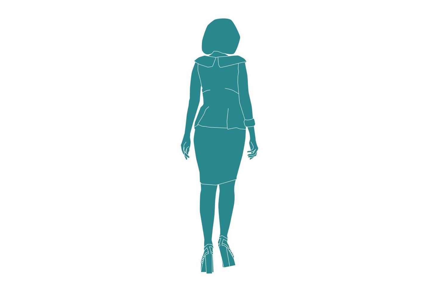 Vector illustration of elegantwoman walking regarde par derrière, style plat avec contour