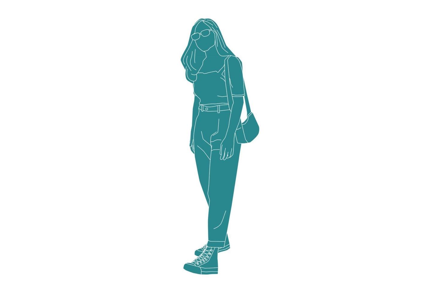Vector illustration of casual woman posing, style plat avec contour