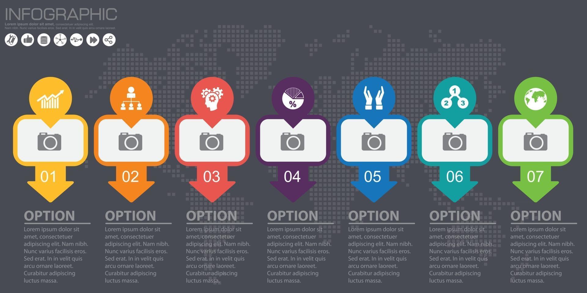 chronologie et flèche vecteur infographique. fond de carte du monde