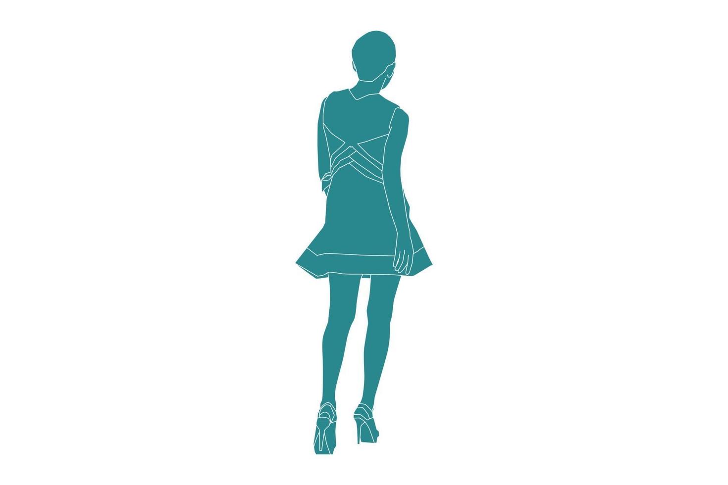 Vector illustration of elegant woman walking regarde par derrière, style plat avec contour