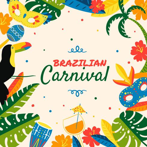 Fond mignon de carnaval brésilien avec feuilles, masque, maraca, fleurs et cocktails vecteur