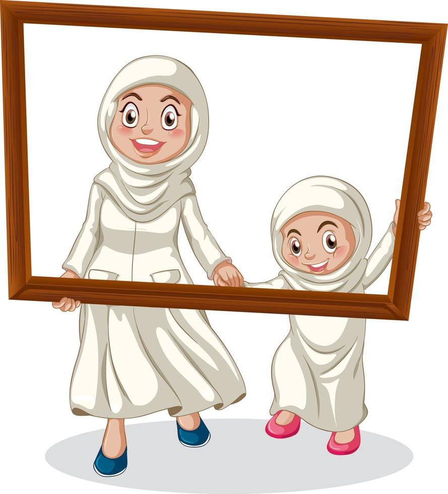 heureuse mère et fille tenant un cadre photo vecteur