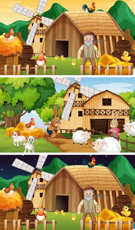 différentes scènes de ferme avec un vieux fermier et un personnage de dessin animé animal vecteur