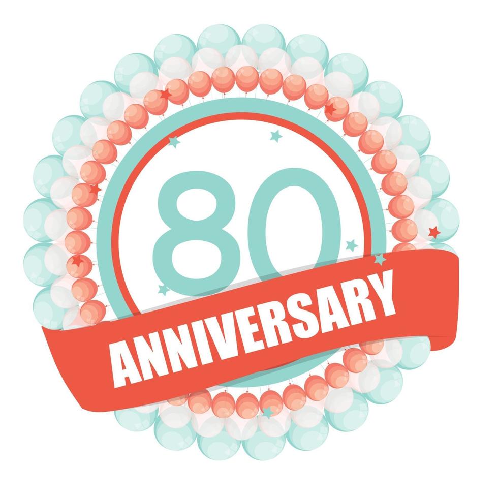Modèle mignon 80 ans anniversaire avec des ballons et ruban vector illustration