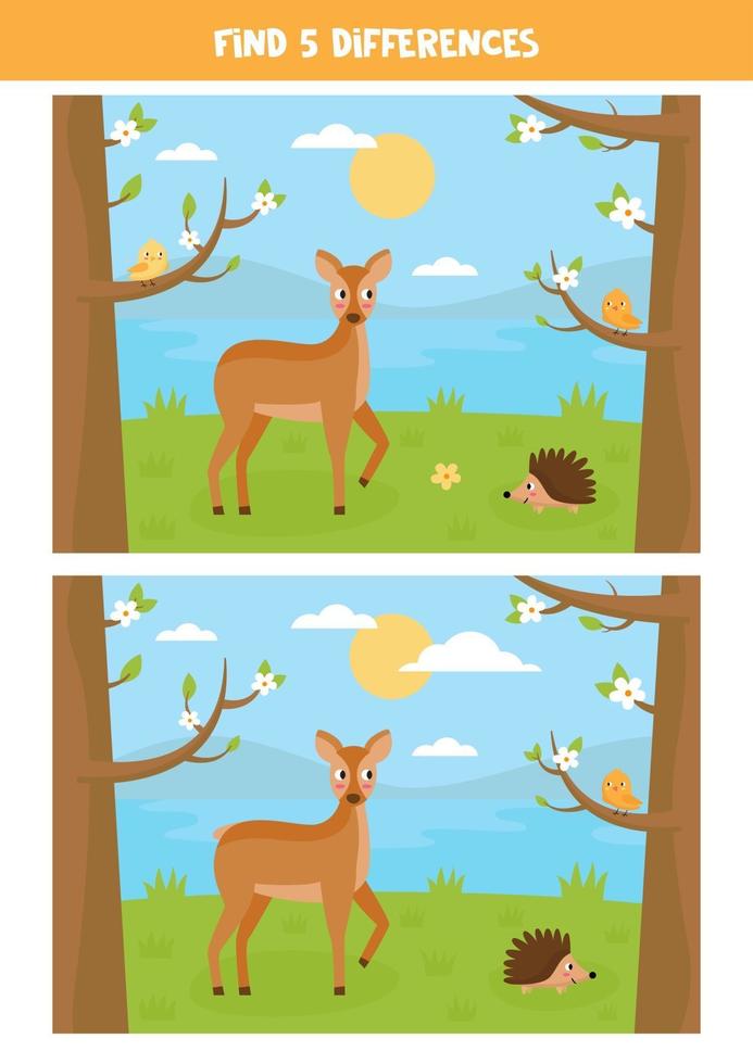 paysage de dessin animé mignon avec hérisson, cerfs et oiseaux. vecteur