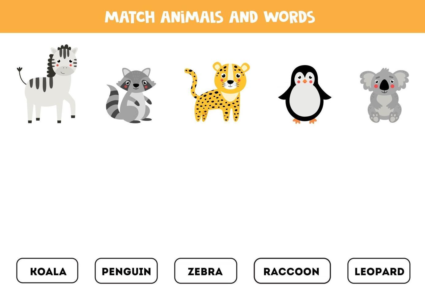 faire correspondre l'animal et le mot. jeu de grammaire anglaise pour enfants. vecteur