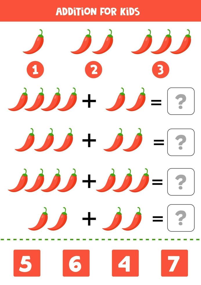 ajout pour les enfants avec des piments rouges. équations mathématiques. vecteur