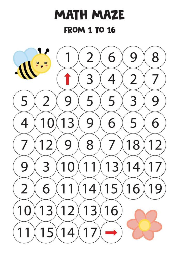 Labyrinthe mathématique avec abeille et fleur de dessin animé mignon. vecteur