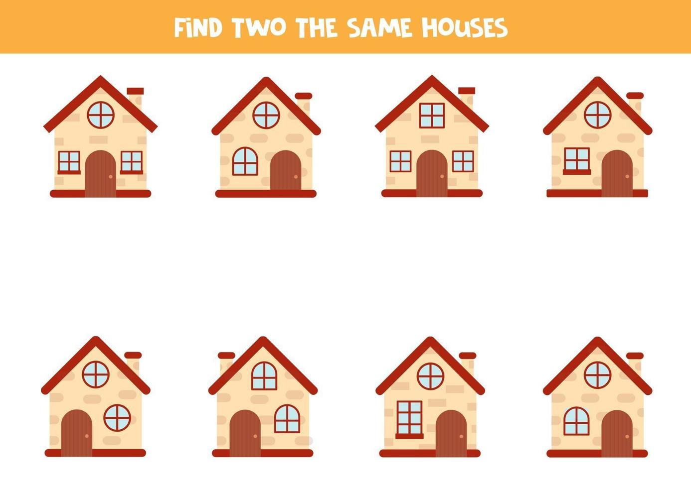 trouver deux maisons identiques. feuille de travail imprimable pour les enfants. vecteur