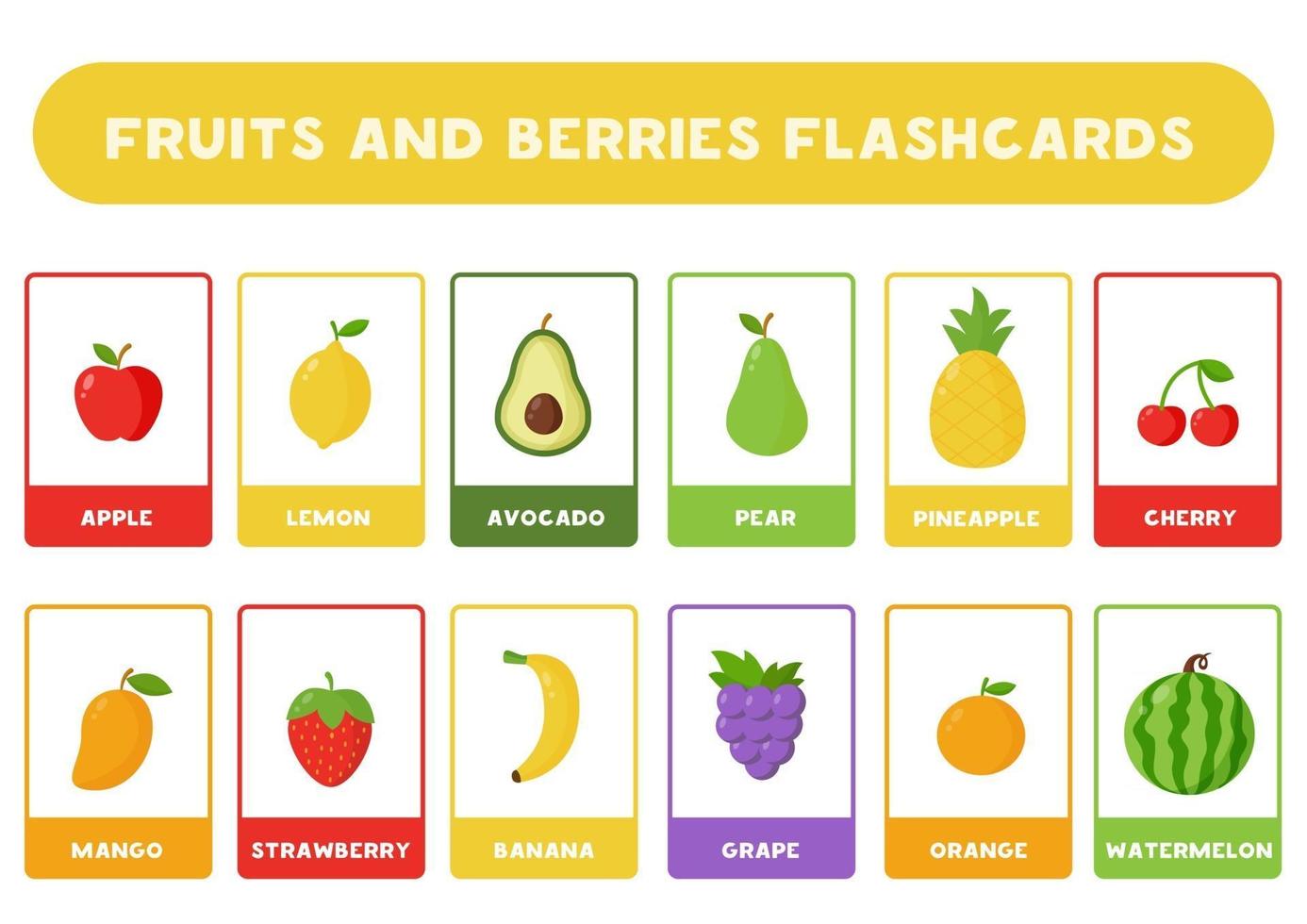 fruits de dessin animé mignon avec des noms. cartes flash pour les enfants. vecteur