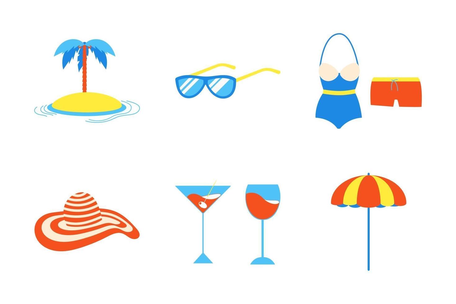 ensemble de conception de style plat d'éléments de plage de vacances de vacances. île, lunettes de soleil, maillot de bain, malles, chapeau de plage, parapluie, cocktails signes icônes - symboles de vacances exotiques de saison isolés sur fond blanc vecteur