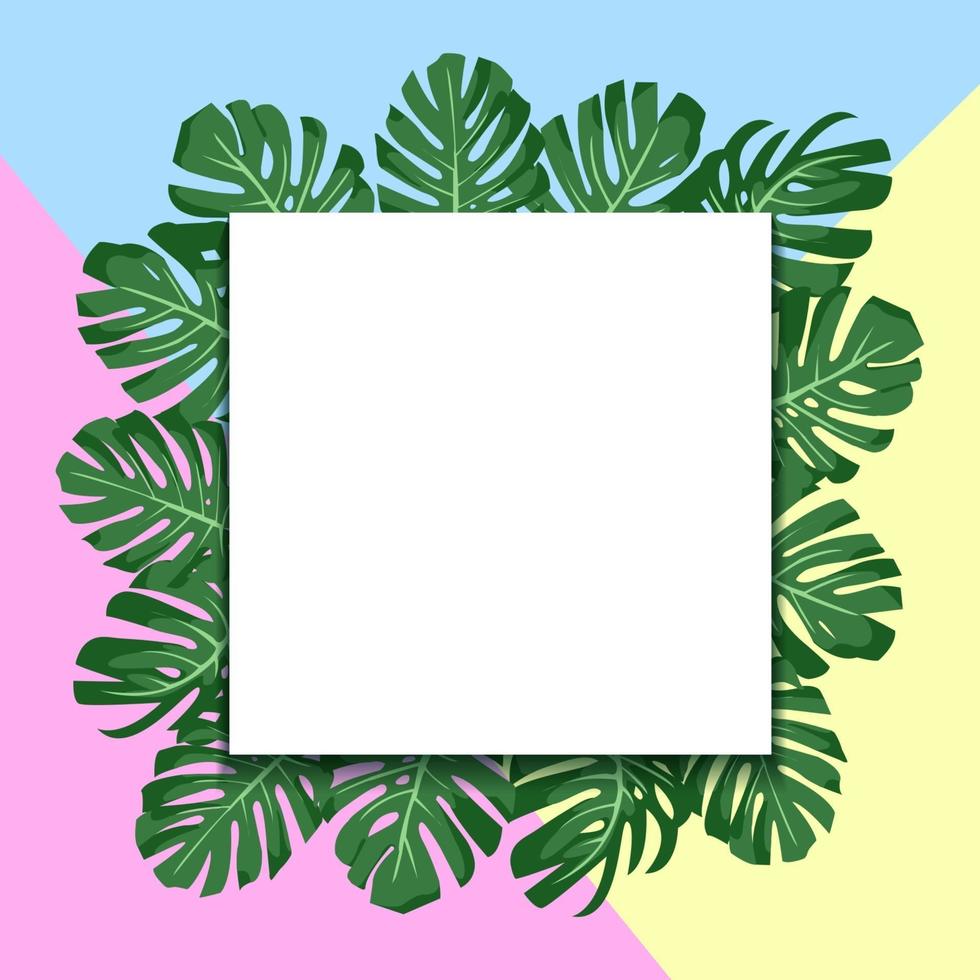 illustration vectorielle. feuilles vertes tropicales exotiques monstera. bannière de papier carré. fond bleu, jaune et rose vecteur