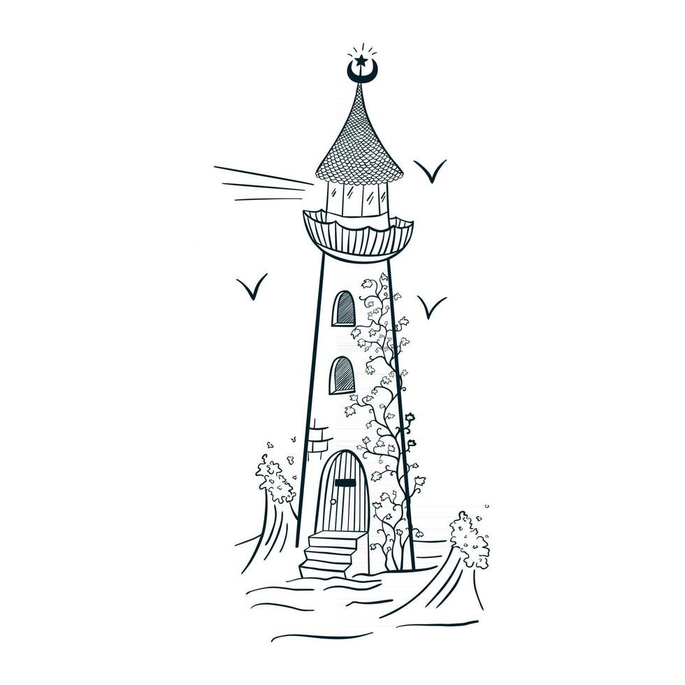 phare avec dessin au trait de style gravure de lierre vecteur