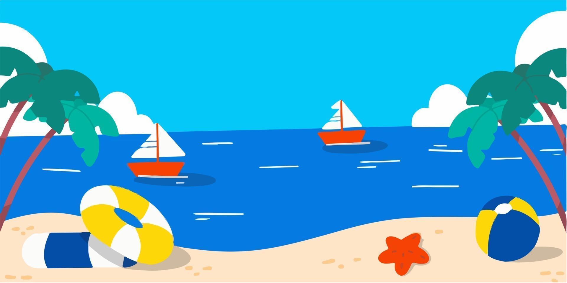 illustration de doodle de paysage de plage calme et relaxant vecteur